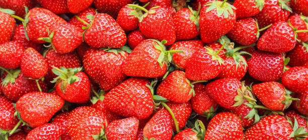 istock Fresh organic red ripe Strawberry fruit background Top view closeup 1128704822
