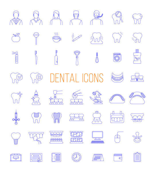 zahnklinik dienstleistungen dünne linie vektor-icons - human teeth dental hygiene dentist office human mouth stock-grafiken, -clipart, -cartoons und -symbole