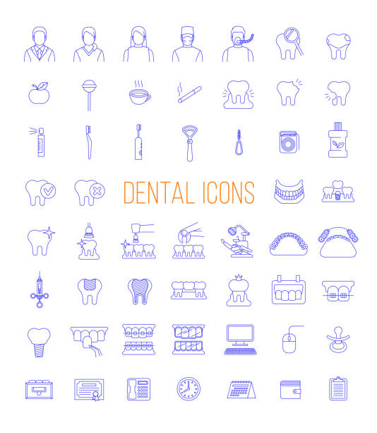 ilustrações, clipart, desenhos animados e ícones de ícones de vetor de linha fina de serviços clínica dentária - dentist patient healthcare and medicine vector