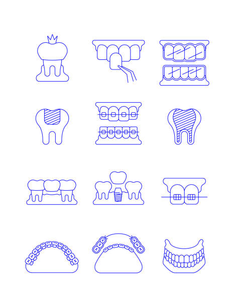 Dental clinic surgery services thin line icons Dental clinic surgery services thin line vector icons. Dental implant, bridge, veneer, crown concepts. Orthodontic treatment such as metal, ceramic, lingual, plastic braces. Removable denture symbol aligners icon stock illustrations