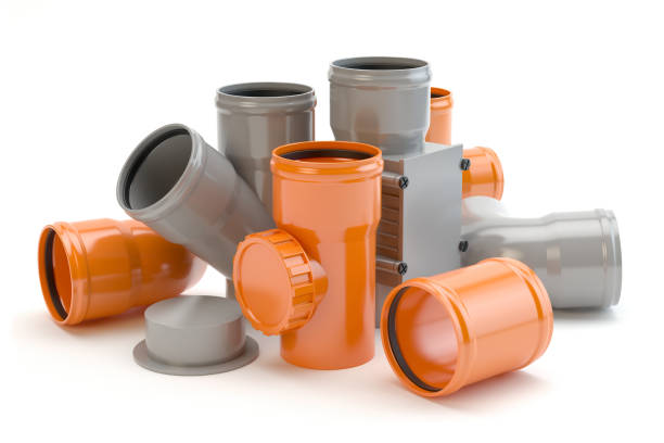 Gray and orange elements for sewer system, 3D illustration Sewage pipes pipe tube stock pictures, royalty-free photos & images