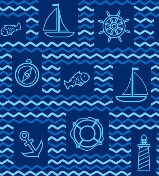 Vector illustration of Nautical background, seamless, blue, wave, zigzag, contour drawing.