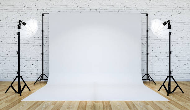 Photo studio lighting set up with white backdrop, 3D Rendering stock photo