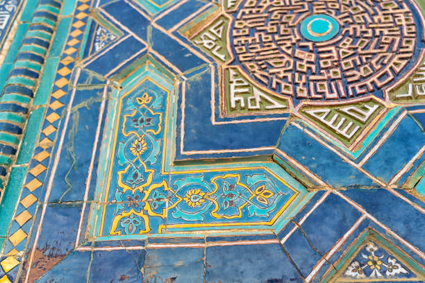 Detail on façade of Shakhi Zinda memorial complex of islamic architecture from 9 do 12. century in Samarkand.