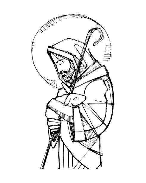 예수 그리스도 좋은 양치기 잉크 그림 - religious icon illustrations stock illustrations