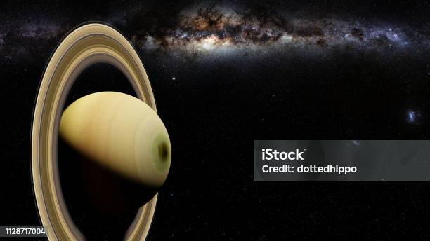 Planet Saturn With Rings And The Galaxy Stock Photo - Download Image Now - Astrobiology, Astronomy, Biology