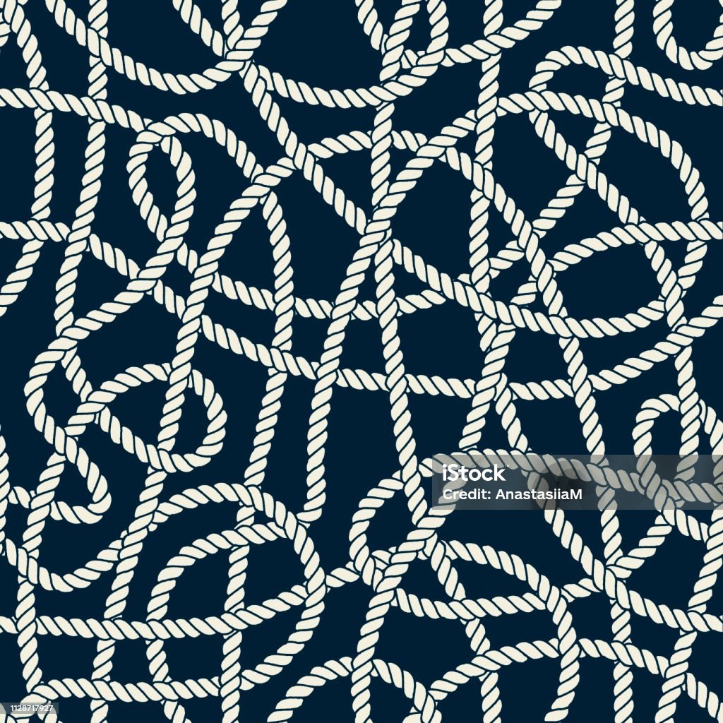 Seamless nautical rope pattern Seamless nautical rope pattern. Endless navy illustration with light cords ornament. Marine entangled loops on dark blue backdrop. Trendy maritime style background. For fabric, wallpaper, wrapping Abstract stock vector