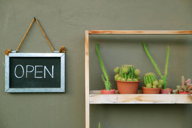 OPEN sign board hanging on the cafe outer wall beside the succulent plants shelf
