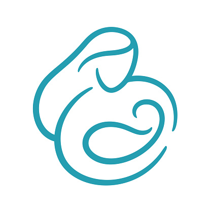 Mom and baby symbol. Stylized line drawing of mother holding newborn child. Simple vector design.