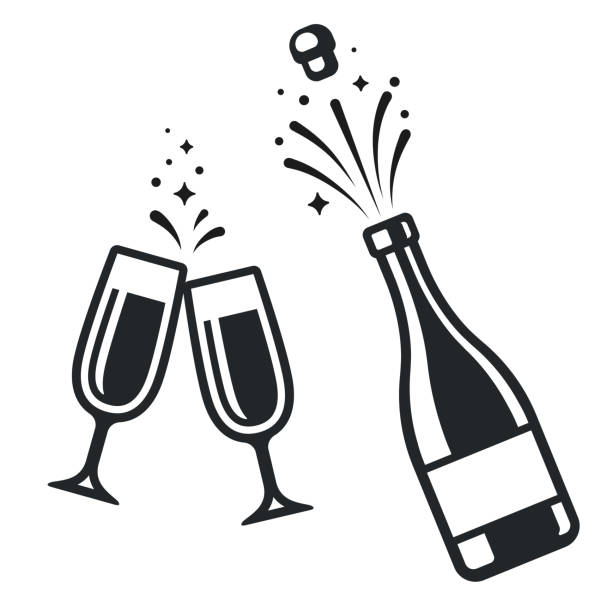 Champagne bottle and glasses Black and white champagne bottle and two glasses. Simple celebration icons, isolated vector illustration. champagne stock illustrations