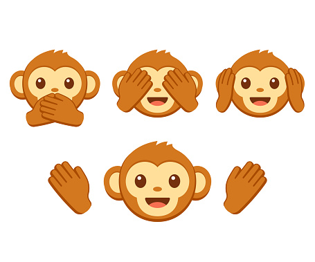 Cute cartoon monkey face emoji icon set. Three wise monkeys with hands covering eyes, ears and mouth: See no evil, hear no evil, speak no evil. Simple vector illustration.