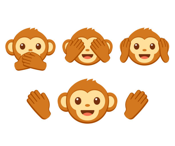 Cute monkey emoji set Cute cartoon monkey face emoji icon set. Three wise monkeys with hands covering eyes, ears and mouth: See no evil, hear no evil, speak no evil. Simple vector illustration. small group of animals stock illustrations