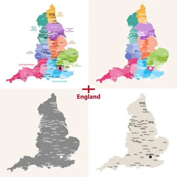Vector illustration of vector set of England maps with largest cities