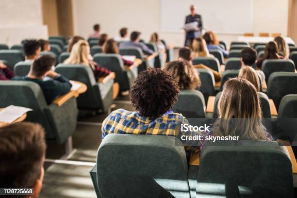 Back View Of Large Group Of Students Paying Attention On A Class At Lecture Hall Stock Photo - Download Image Now