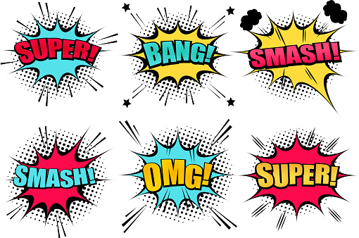 Comic speech bubbles collection with colorful clouds Super Smash Bang OMG wordings star halftone and sound humor effects. Vector illustration