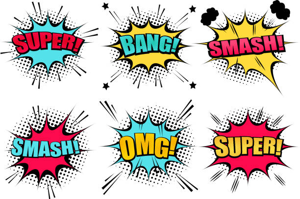 Comic speech bubbles collection Comic speech bubbles collection with colorful clouds Super Smash Bang OMG wordings star halftone and sound humor effects. Vector illustration superhero backgrounds stock illustrations