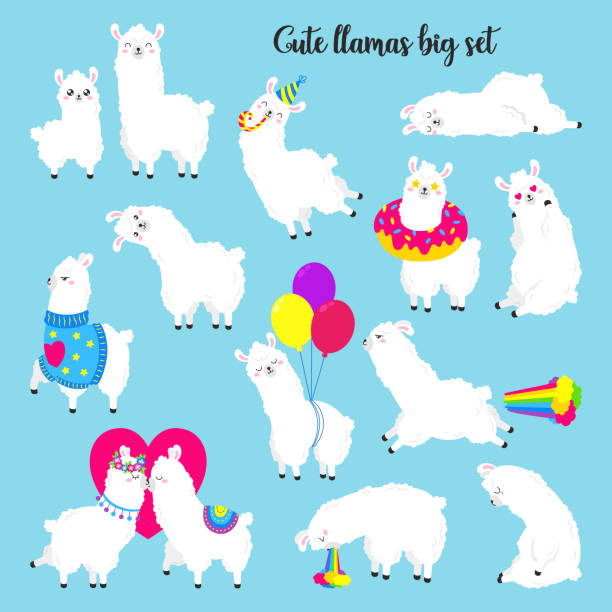 Collection of cute vector llamas. Set of stickers, patches. Doodle illustration. Template for cards, textiles, advertising, web design. Collection of cute vector llamas. Set of stickers, patches. Doodle illustration. llama stock illustrations