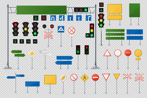 Big Realistic Set Of Road Signs And Traffic Lights And Semaphores. Collection Of Sign Road, Signpost And Guidepost For Transport Illustration. Vector Traffic Light 3d. Vector Realistic Illustration.