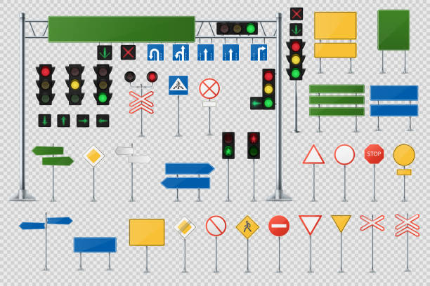 Big Realistic Set Of Road Signs And Traffic Lights And Semaphores. Big Realistic Set Of Road Signs And Traffic Lights And Semaphores. Collection Of Sign Road, Signpost And Guidepost For Transport Illustration. Vector Traffic Light 3d. Vector Realistic Illustration. caution sign stock illustrations