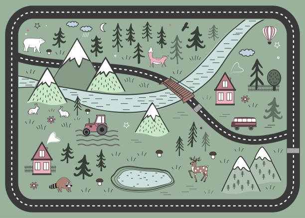 Cute Road Play Mat in Scandinavian Style. Vector River, Mountains and Woods Adventure Map with Houses, Wood, Field, and Animals. Cute Road Play Mat in Scandinavian Style. Vector River, Mountains and Woods Adventure Map with Houses, Wood, Field, and Animals. Colorful illustration ursus tractor stock illustrations