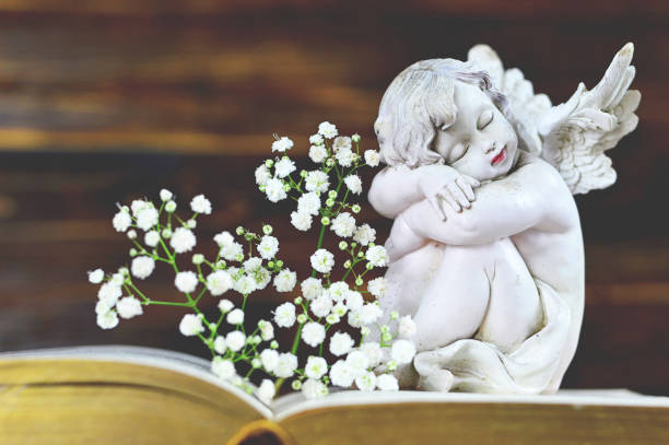 istock Sleeping angel and white flowers 1128732986