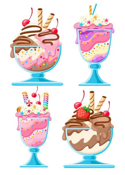 Vector illustration of Set of Ice cream dessert in a glass bowls. Fruit sweet dessert with wafer straws, berries, chocolate. Flat vector illustration isolated on white background