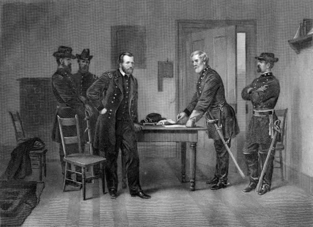 illustrations, cliparts, dessins animés et icônes de robert e. lee surrenders en général des etats-unis. grant - surrendering