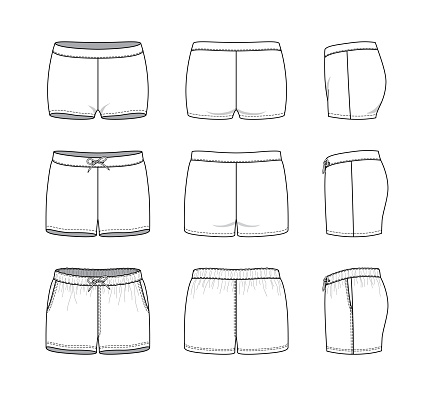 Blank clothing templates of women short set in front, side, back views. Vector illustration isolated on white background. Technical fashion drawing set.