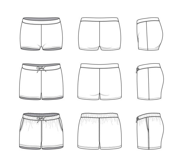 Blank clothing templates. Blank clothing templates of women short set in front, side, back views. Vector illustration isolated on white background. Technical fashion drawing set. cycling shorts stock illustrations