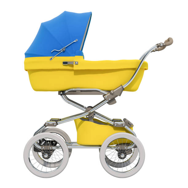 Baby stroller with Ukrainian flag texture, 3D rendering isolated on white background