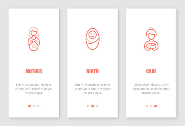 Motherhood onboarding screens design. Motherhood onboarding screens design. Template for mobile apps and website. Vector illustration. pregnancy and childbirth stock illustrations