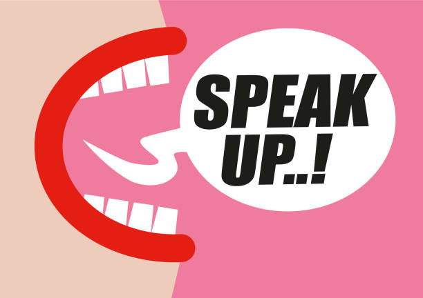 istock Woman shouting SPEAK UP in word bubble - protesting for rights of women, equality and inappropriate sexual behavior towards women - hand drawn vector illustration in pink and red 1128740565