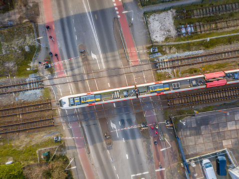 Railroad crossing street aerial in Groningen city, Netherlands