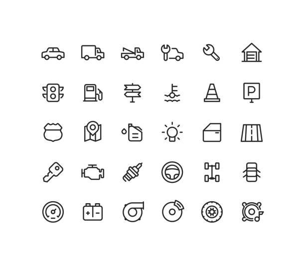 Engine & Road Outline Line Icons Set of engine and road line vector icons. truck hood open stock illustrations