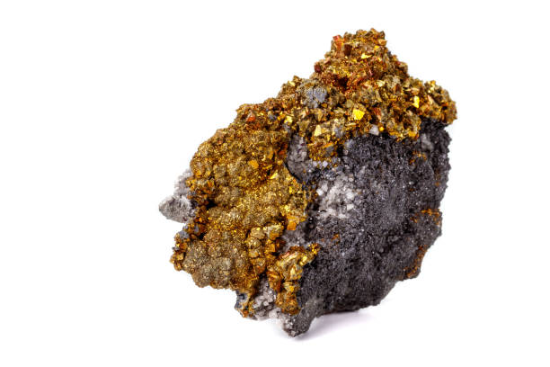 istock Macro mineral stone  Chalcopyrite on a white background 1128746159