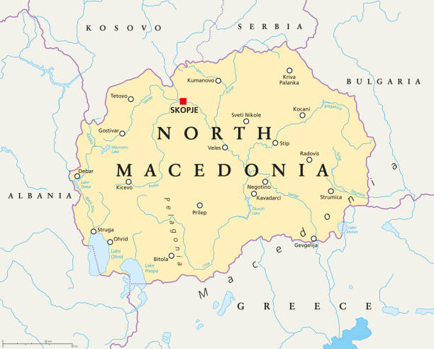 North Macedonia political map North Macedonia political map with capital Skopje, borders, important cities, rivers and lakes. Former Yugoslav Republic of Macedonia, renamed in February 2019. English labeling. Illustration. Vector. tetovo stock illustrations