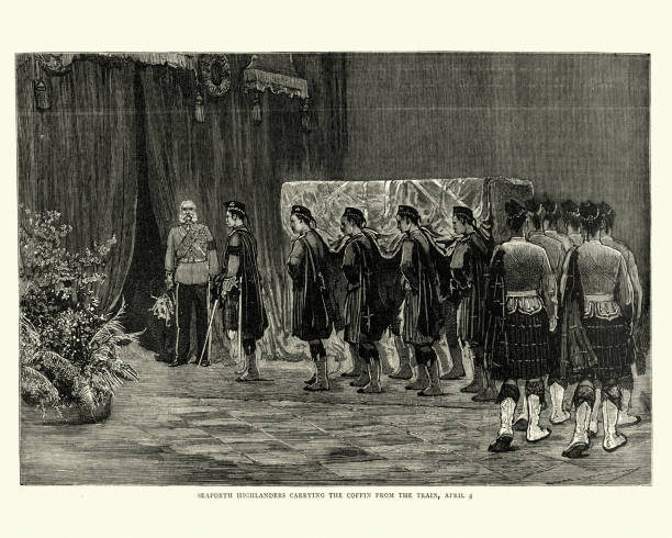 Funeral of Prince Leopold, Seaforth Highlanders carrying the Coffin Vintage engraving of Funeral of Prince Leopold, Duke of Albany, St George Chapel, Windsor.  Seaforth Highlanders carrying the Coffin from the train. The Graphic, 1884 funeral procession stock illustrations
