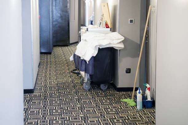 istock Cleaners trolley at hotel. 1128751254