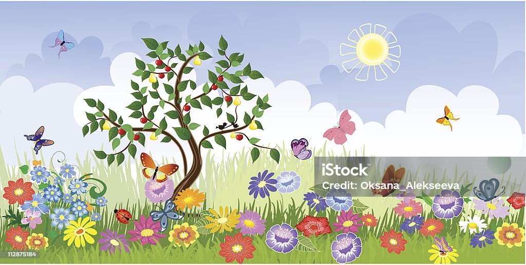 Летний пейзаж с фруктами деревьев - Векторная графика Бабочка роялти-фри