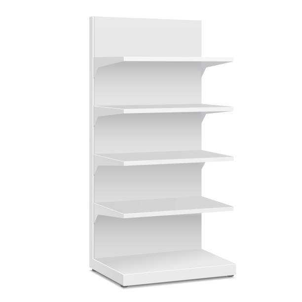 istock White Blank Empty Showcase Displays With Retail Shelves Products On White Background Isolated. Ready For Your Design. Product Packing. Vector EPS10 1128756121