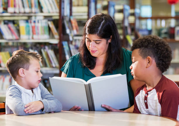 istock Hispanic teacher with two boys in library reading book 1128757256