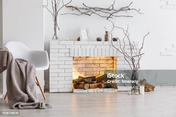 Chair In Light Scandinavian Style Interior Stock Photo - Download Image Now - Fireplace, White Color, Brick