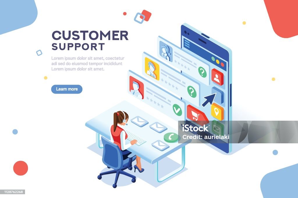 Customer Support Concept Vector Customer support concept. Consultant on hotline chat, telemarketer. Helpdesk talking. Infographic of call center answer. Girl technical professional receptionist. Flat isometric vector illustration Support stock vector