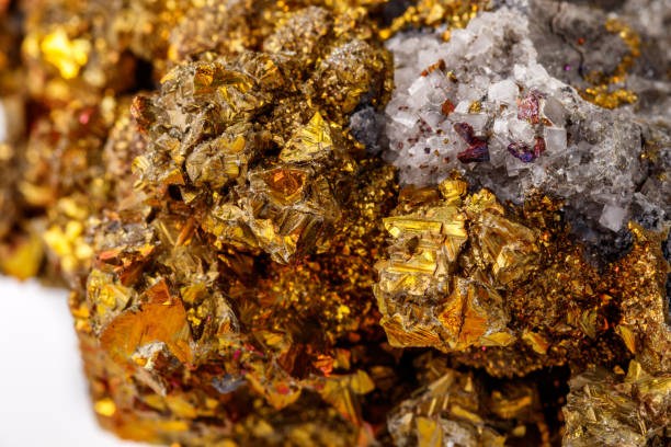 istock Macro mineral stone  Chalcopyrite on a white background 1128764099