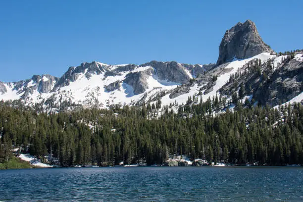 View of Lake George in Mammoth Lakes California in summer. Snow still on the mountains