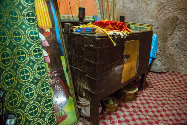 Ethiopia: Church of St. George in Lalibela A wooden chest to represent the ark of the covenant at the Church of St. George (Biete Ghirogis) in Lalibela. the church of saint george lalibela ethiopia stock pictures, royalty-free photos & images