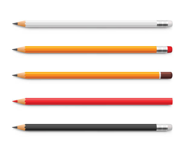 ilustrações de stock, clip art, desenhos animados e ícones de set of yellow pencils, red and black, sharpened with a rubber band and without - stock vector. - school pencil