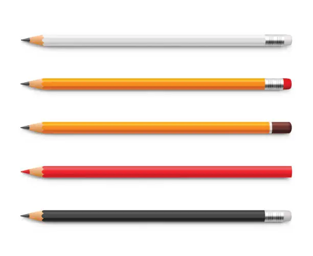 Vector illustration of Set of yellow pencils, red and black, sharpened with a rubber band and without - stock vector.