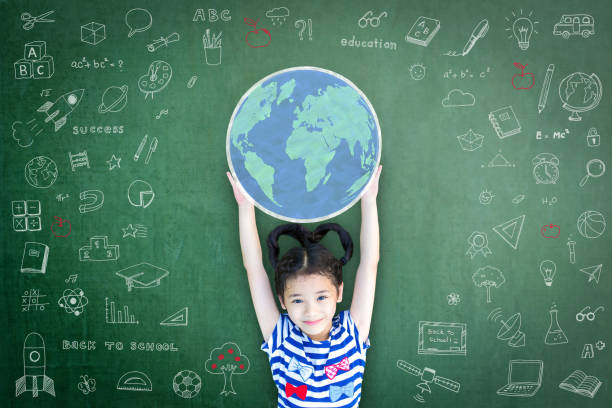 istock Educated school kid lifting world globe chalk doodle drawing on green chalkboard for education concept 1128780793