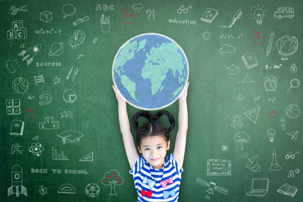 Educated school kid lifting world globe chalk doodle drawing on green chalkboard for education concept Educated school kid lifting world globe chalk doodle drawing on green chalkboard for education concept childrens day photos stock pictures, royalty-free photos & images